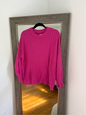 Aerie Hot Pink Ribbed Crewneck Women’s Sweater Oversize Small